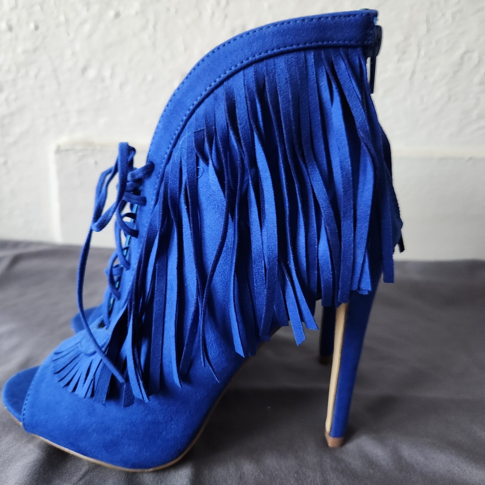 JustFab Royal Blue Fringe Heeled Boots - Picture 3 of 3